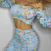 Temperament Off Shoulder Long Sleeve Printed Two Piece Set - Thumbnail 1