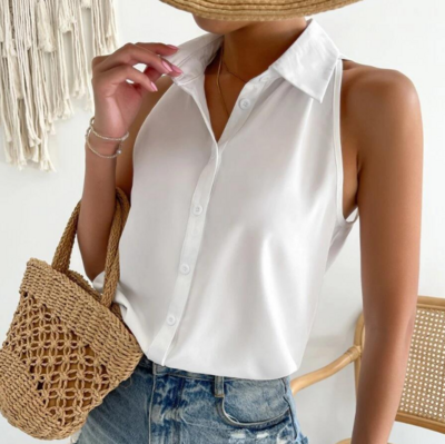 Solid Color White Sleeveless Shirt