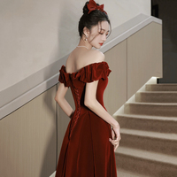 Burgundy Velvet Tea Length Prom Dress, Cute Evening Dress Party Dress - Thumbnail 3