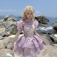 Fairy Lilac Purple Layered Ruffled Flower Corset Balletcore Puff Sleeve Dress - Thumbnail 4