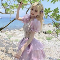 Fairy Lilac Purple Layered Ruffled Flower Corset Balletcore Puff Sleeve Dress - Thumbnail 5