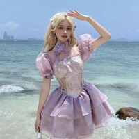 Fairy Lilac Purple Layered Ruffled Flower Corset Balletcore Puff Sleeve Dress - Thumbnail 7