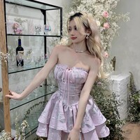 Lilac Purple Silver Leaves Nature Floral Flower Fairy Ribbon Balletcore Corset Strapless Dress - Thumbnail 3