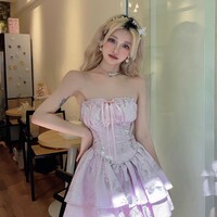 Lilac Purple Silver Leaves Nature Floral Flower Fairy Ribbon Balletcore Corset Strapless Dress - Thumbnail 4