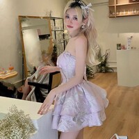 Lilac Purple Silver Leaves Nature Floral Flower Fairy Ribbon Balletcore Corset Strapless Dress - Thumbnail 5