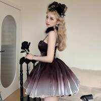 Purple Wine Black Gradient Fairy Girl Elegant Evening Party Prom Strap Dress - Thumbnail 7
