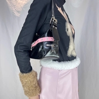 Hot Girl Silver Chain Butterfly Strap Pink Black Leather Handbag Bag - Thumbnail 3