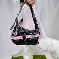 Hot Girl Silver Chain Butterfly Strap Pink Black Leather Handbag Bag - Thumbnail 5