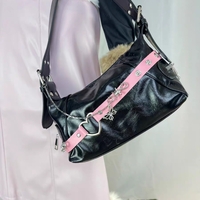 Hot Girl Silver Chain Butterfly Strap Pink Black Leather Handbag Bag - Thumbnail 1