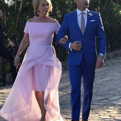 Light pink off the shoulder hilo mother of the bride/groom dress