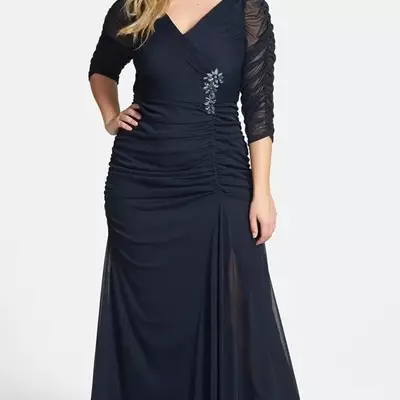Navy blue chiffon plus size mother of biride/groom dress - Thumbnail 5