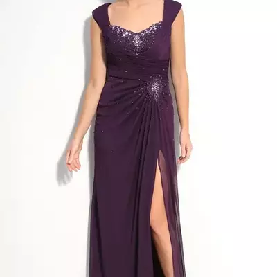 Purple a line side slit chiffon mother of the bride/groom dress - Thumbnail 5