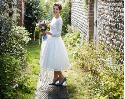 Lace Tea-length Long Sleeve Wedding Dress Bridal Dress