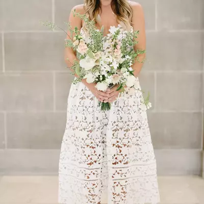 Off the shoulder simple tea-length wedding dress bridal gown