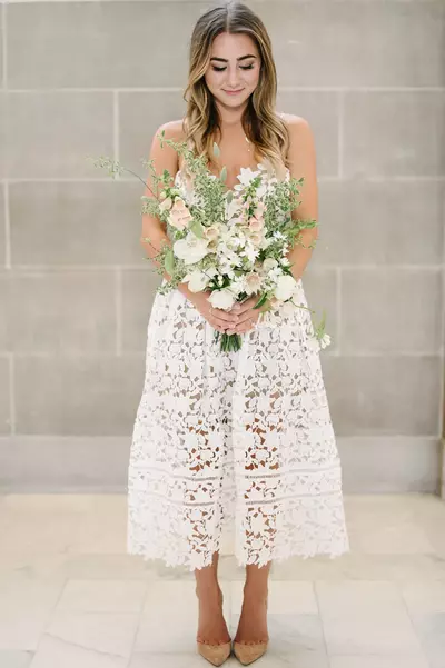 Off the Shoulder Simple Tea-length Wedding Dress Bridal Gown