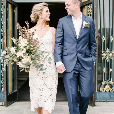 Simple lace sleeve tea-length wedding dress bridal dress - Thumbnail 4