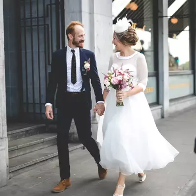 Simple chiffon half sleeve tea-length wedding dress bridal gown