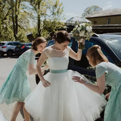 Simple polka dots tea-length wedding dress bridal gown