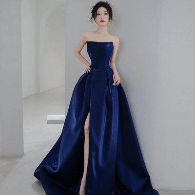 Blue satin long a-line prom dress, simple blue evening dress formal dress - Thumbnail 1
