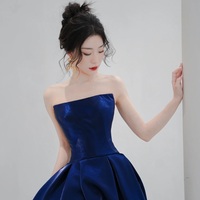 Blue Satin Long A-Line Prom Dress, Simple Blue Evening Dress Formal Dress - Thumbnail 2