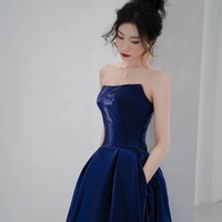 Blue Satin Long A-Line Prom Dress, Simple Blue Evening Dress Formal Dress - Thumbnail 3