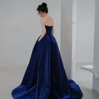 Blue Satin Long A-Line Prom Dress, Simple Blue Evening Dress Formal Dress - Thumbnail 4