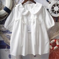 High-quality hand-pleated tie bow French doll collar loose blouses - Thumbnail 2