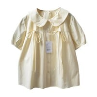 High-quality hand-pleated tie bow French doll collar loose blouses - Thumbnail 5