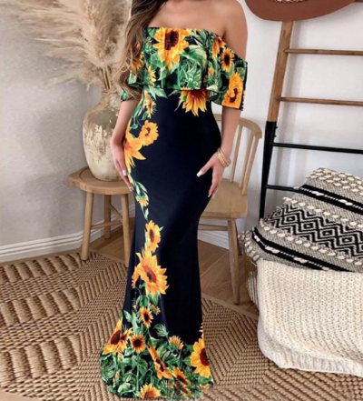 Sexy Sleeveless Open Shoulder Lotus Edge Dress