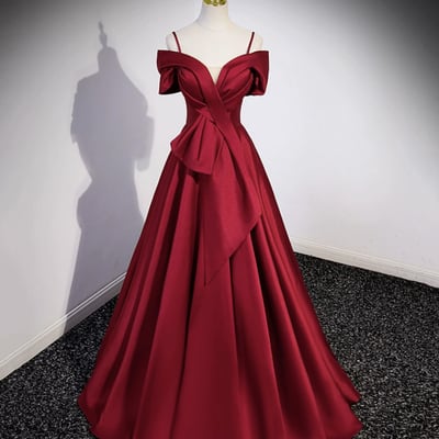 Burgundy satin off shoulder prom dress, burgundy v-neck evening party dress - Thumbnail 3