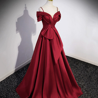 Burgundy Satin Off Shoulder Prom Dress, Burgundy V-Neck Evening Party Dress - Thumbnail 2