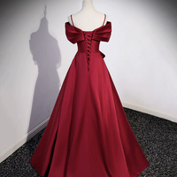 Burgundy Satin Off Shoulder Prom Dress, Burgundy V-Neck Evening Party Dress - Thumbnail 3