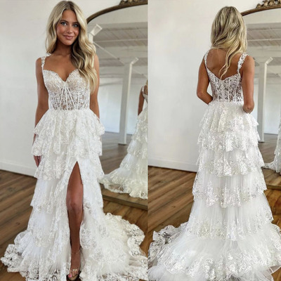 Straps Wedding Dresses Bridal Gown Slit Side Lace