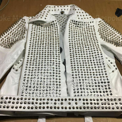 New women's white silver spiked studded punk cowhide biker leather jacket - Thumbnail 5