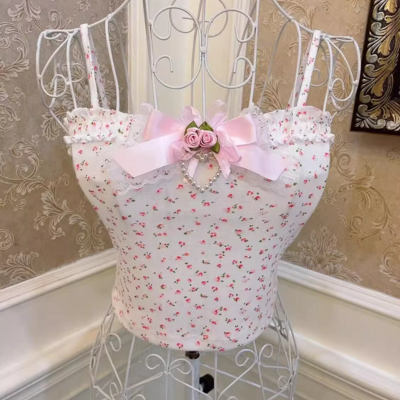 Sweetheart princess rose floral print white pink bow vintage coquette tank top strap camisole - Thumbnail 5
