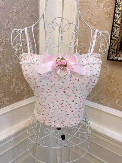 Sweetheart Princess Rose Floral Print White Pink Bow Vintage Coquette Tank Top Strap Camisole