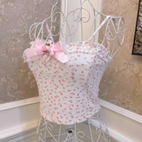 Sweetheart Princess Rose Floral Print White Pink Bow Vintage Coquette Tank Top Strap Camisole - Thumbnail 1