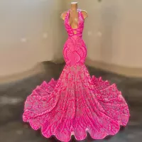 Black Girl Mermaid Prom Dresses V-Neck Sleeveless Sequins Sparkly African Cocktail Birthday Party Gowns Formal Evening Dres - Thumbnail 1