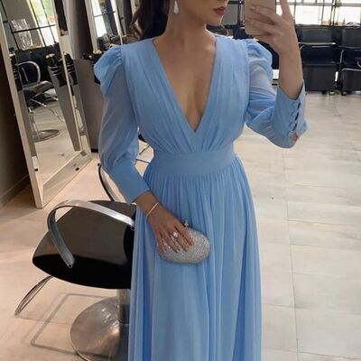 Light blue long sleeve chiffon prom dress evening dress - Thumbnail 3