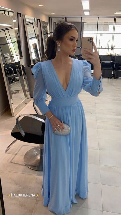 Light Blue Long Sleeve Chiffon Prom Dress Evening Dress