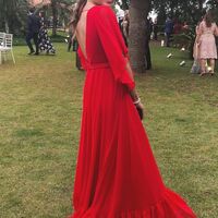 Red A Line Chiffon V Neck Prom Dress Evening Dress - Thumbnail 1