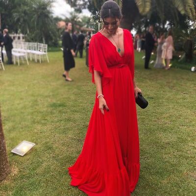 Red a line chiffon v neck prom dress evening dress - Thumbnail 2