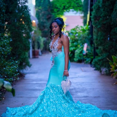 Blue mermaid african beading crytals prom dress black grils lace evening dress - Thumbnail 4