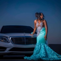 Blue Mermaid African Beading Crytals Prom Dress Black Grils Lace Evening Dress - Thumbnail 1