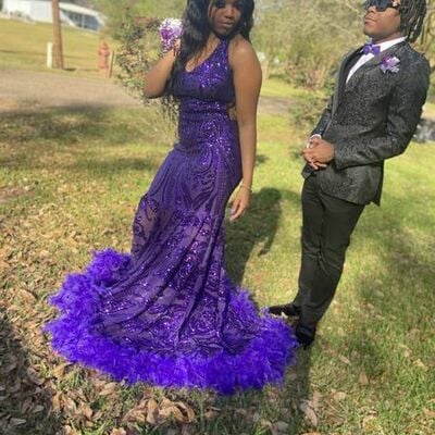 Purple lace sequins african prom dress feathers black girl evening dress - Thumbnail 2