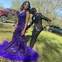 Purple Lace Sequins African Prom Dress Feathers Black Girl Evening Dress - Thumbnail 2