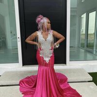 Red Mermaid African Beading Crytals Prom Dress Black Grils Evening Dress - Thumbnail 1