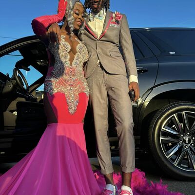 Hot pink fuchsia mermaid african beading crystals prom dress black grils evening dress - Thumbnail 3