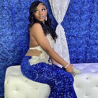 Royal Blue Sequins Lace Beading Crystals African Prom Dress Black Girl Evening Dress - Thumbnail 1