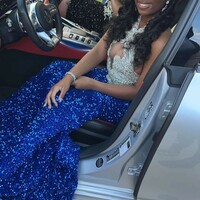 Royal Blue Sequins Lace Beading Crystals African Prom Dress Black Girl Evening Dress - Thumbnail 3